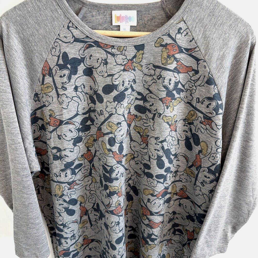 NWOT LuLaRoe Disney Mickey Mouse XL Randy Top Gray 3/4 Sleeve Baseball Tee Shirt